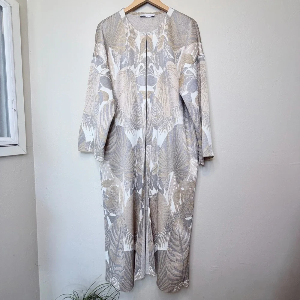 ZARA | Metallic Botanical Oversized Textured Sweater Kimono Coat Maxi Cardigan - Picture 3 of 11